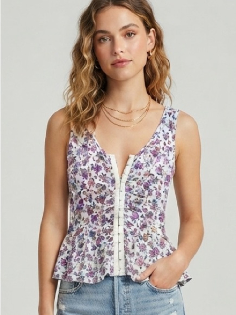 Kirra Purple Floral Print Corset Style Hook and Eye Boho Peplum Tank Top